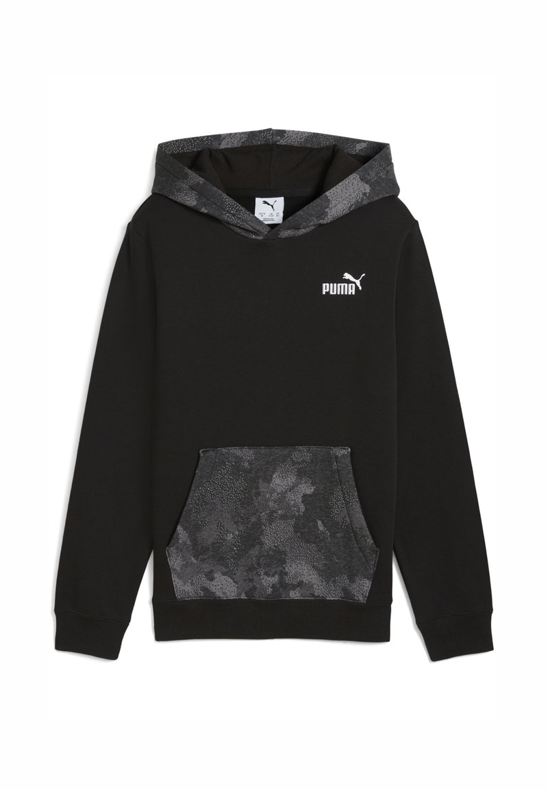Felpa nera con cappuccio interno e tasca a motivo mimetico grigio. Realizzata in tessuto morbido, presenta una tasca frontale a marsupio e il logo Puma.