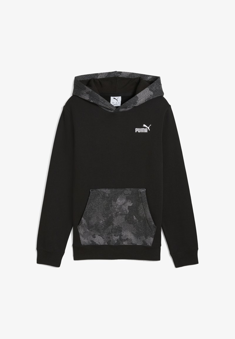 Sudadera negra con una capucha interior con estampado de camuflaje gris y bolsillo. Hecha de tejido suave, cuenta con un bolsillo tipo canguro en la parte delantera y el logo de Puma.