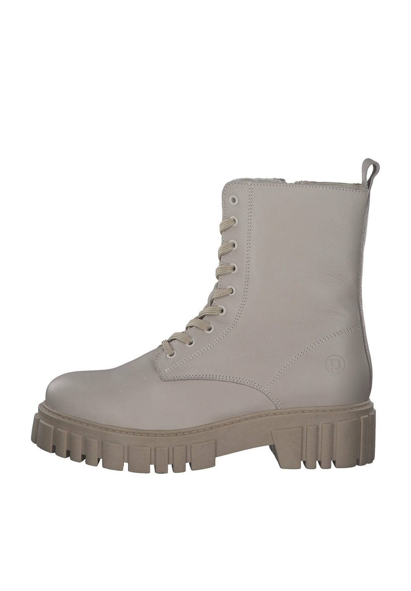 Beige Leder-Kampfboots mit rundem Zehenbereich, sechs Ösen und einer klobigen, gerippten Gummisohle. Mit einer Zuglasche an der Rückseite für einfaches An- und Ausziehen.