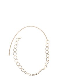 Goldene Kettenhalskette mit abwechselnd strukturierten ovalen und runden Gliedern sowie einem Karabinerverschluss auf einem weißen Hintergrund.