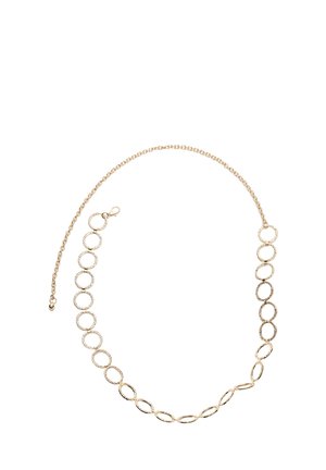 Goldene Kettenhalskette mit abwechselnd strukturierten ovalen und runden Gliedern sowie einem Karabinerverschluss auf einem weißen Hintergrund.