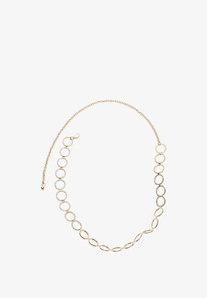 Złoty naszyjnik z łańcuszka z naprzemiennie ułożonymi owalnymi i okrągłymi elementami o fakturze, z zapięciem na karabińczyk, na białym tle.