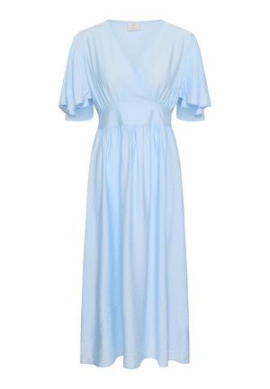 Hellblaues Midikleid mit V-Ausschnitt, fließenden Ärmeln, tailliertem Bund und gerafftem Rock.