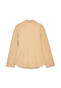 Beige back-view long-sleeve blouse with a flat collar, tailored shape, and a smooth texture. Features subtle seams along the back.