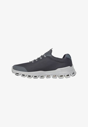 Gray athletic shoe with mesh upper, white rubber sole featuring air cushioning, and lace-up design. Rounded toe and padded collar.
