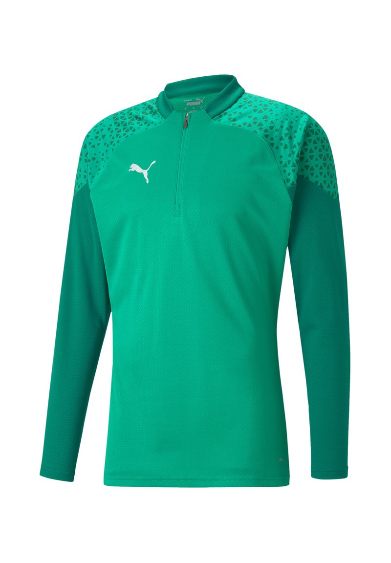 Groene lange mouw atletische shirt gemaakt van textuurstof, met een halflange ritskraag en contrasterende gemusterde schouders. Witte logo op de borst.