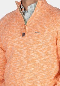 Oranje kwart-rits pullover gemaakt van gestructureerde brei stof, met een groene rits en logo detail. Gelaagd over een licht gestreept shirt.