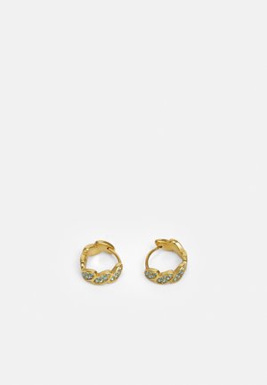 Small gold hoop earrings with a twisted design, each segment adorned with multiple small blue gemstones.