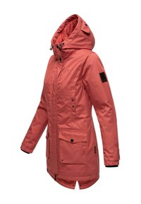 Coral waterproof parka with a zip front, oversized hood, two large front pockets, and black accent patch on the sleeve. Smooth texture.