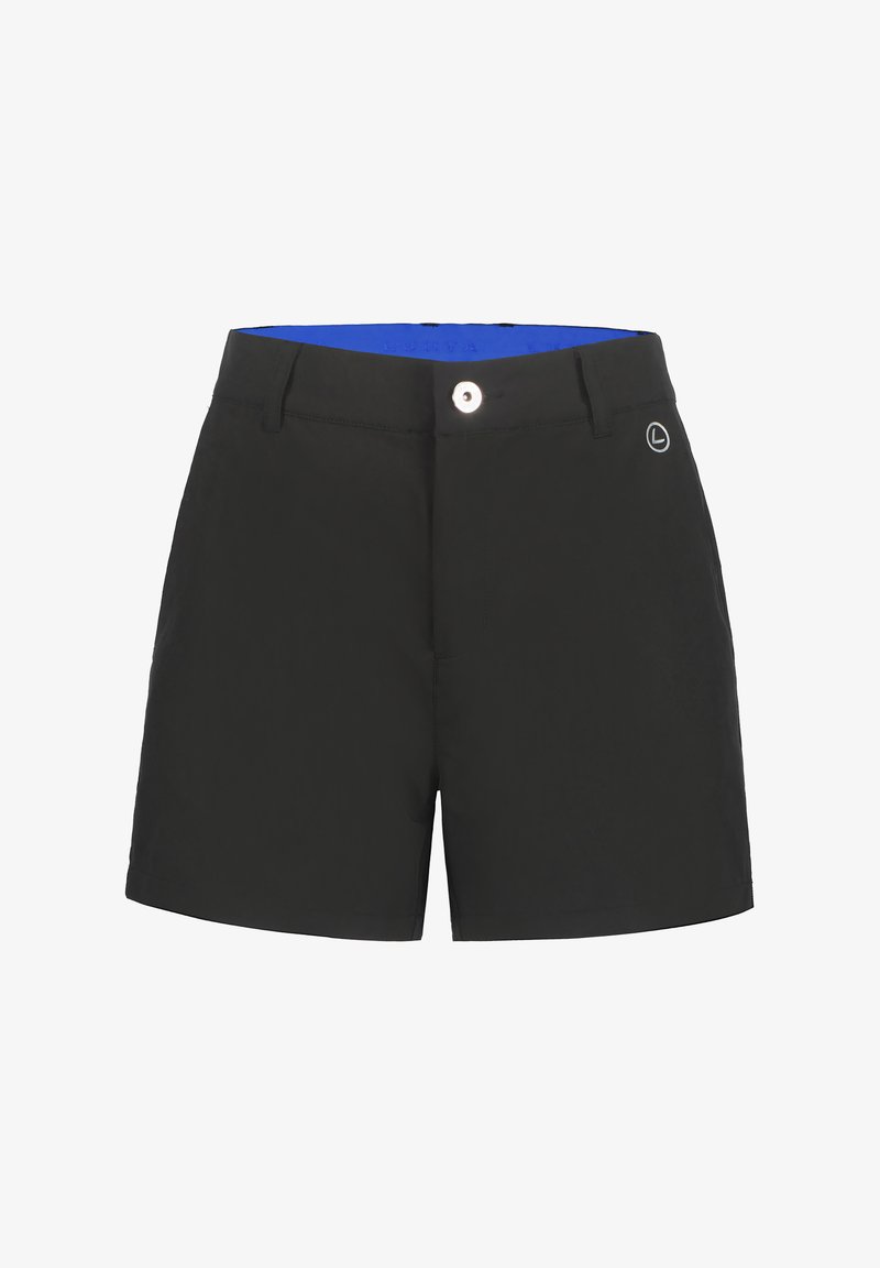 Pantaloni corti neri con una texture liscia, caratterizzati da una cintura interna blu, chiusura frontale con bottone e un piccolo logo sul lato.