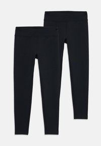 Leggings noirs en tissu extensible, dotés d'une taille haute et d'une texture lisse. Deux paires présentées, toutes deux avec une coupe ajustée.