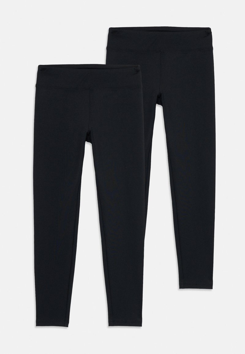 Leggings noirs en tissu extensible, dotés d'une taille haute et d'une texture lisse. Deux paires présentées, toutes deux avec une coupe ajustée.