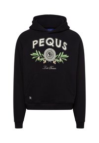Black sweatshirt with a hood, featuring "PEQUS" and a decorative olive branch embroidered on the front, and a front pocket.
