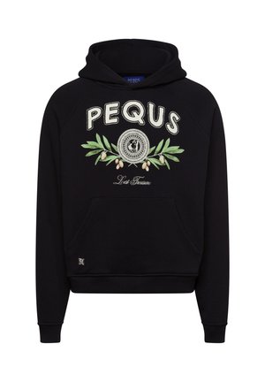 Black sweatshirt with a hood, featuring "PEQUS" and a decorative olive branch embroidered on the front, and a front pocket.