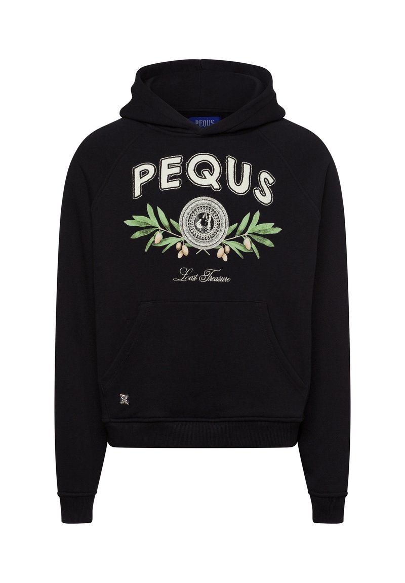 Black sweatshirt with a hood, featuring "PEQUS" and a decorative olive branch embroidered on the front, and a front pocket.