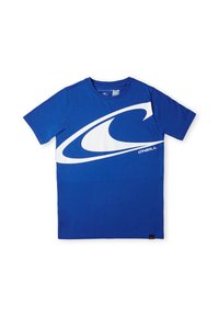 Blauwe katoenen t-shirt met een groot wit abstract golfontwerp. Korte mouwen en een ronde hals. Label aan de onderzijde aan de linkerkant.