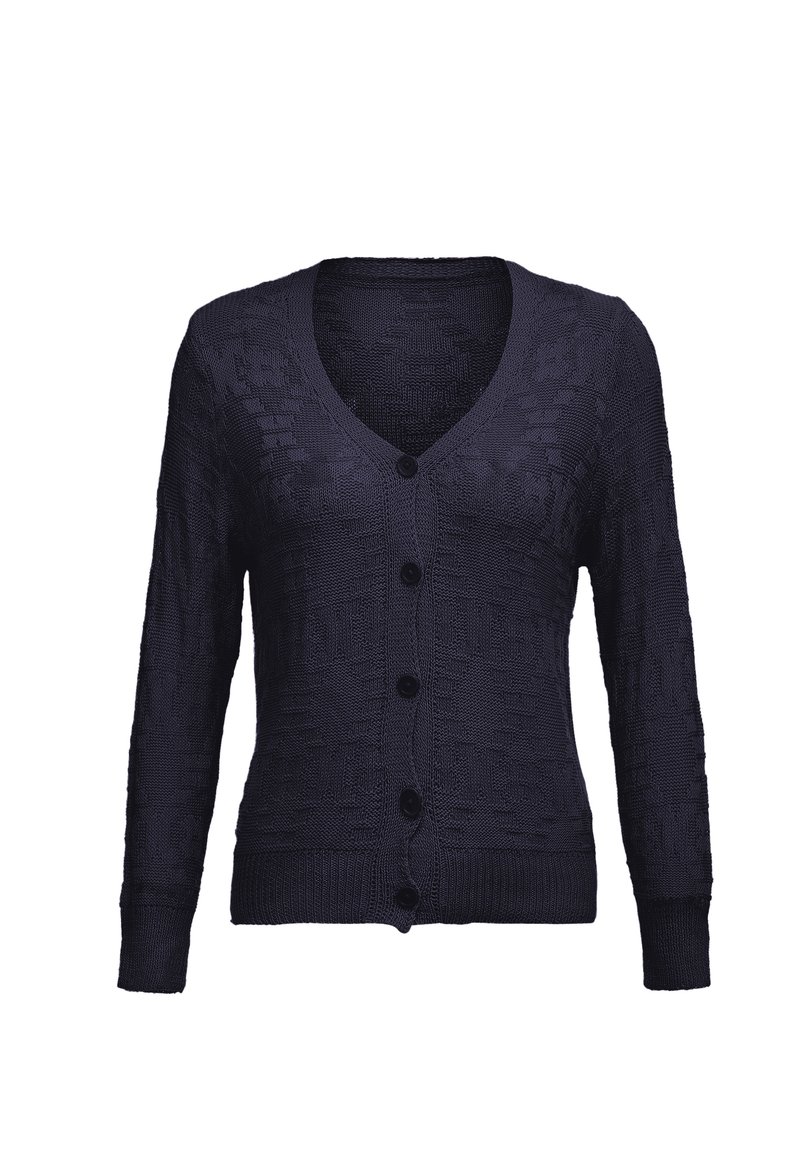 Cardigan lavorato a maglia navy con scollo a V, maniche lunghe, apertura frontale con bottoni e motivo testurizzato in tutto il capo. Presenta cinque bottoni neri.