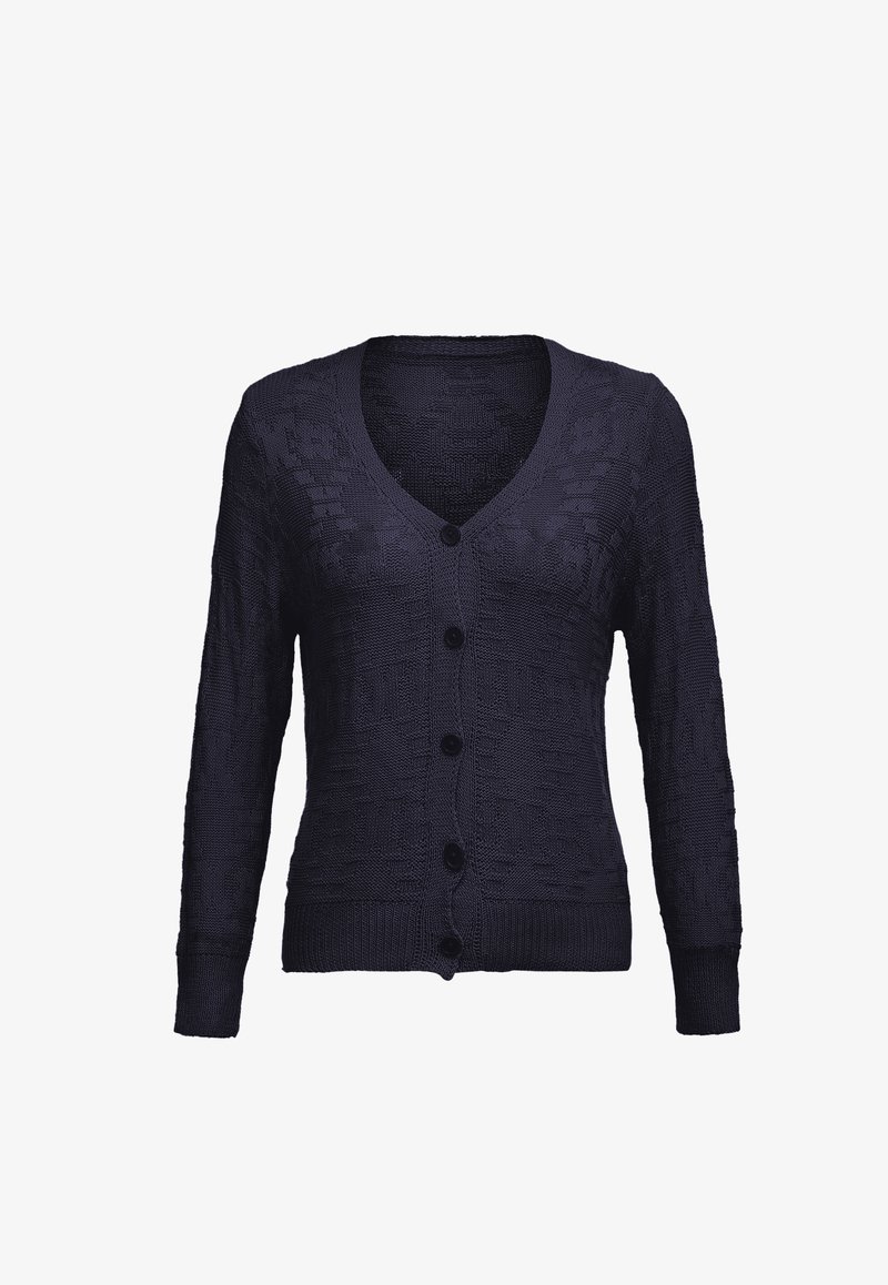 Tengerész kék kötött kardigán V-nyakkal, hosszú ujjakkal, gombos elülső résszel és textúrált mintával. Öt fekete gombbal rendelkezik.