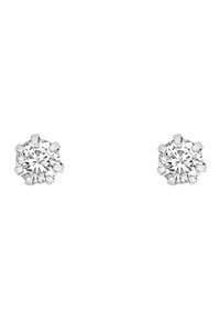  Runde, klare cubic zirconia stud øreringe med seks-prong indstillinger, sølvfarvet metal, glat finish, minimalistisk design.