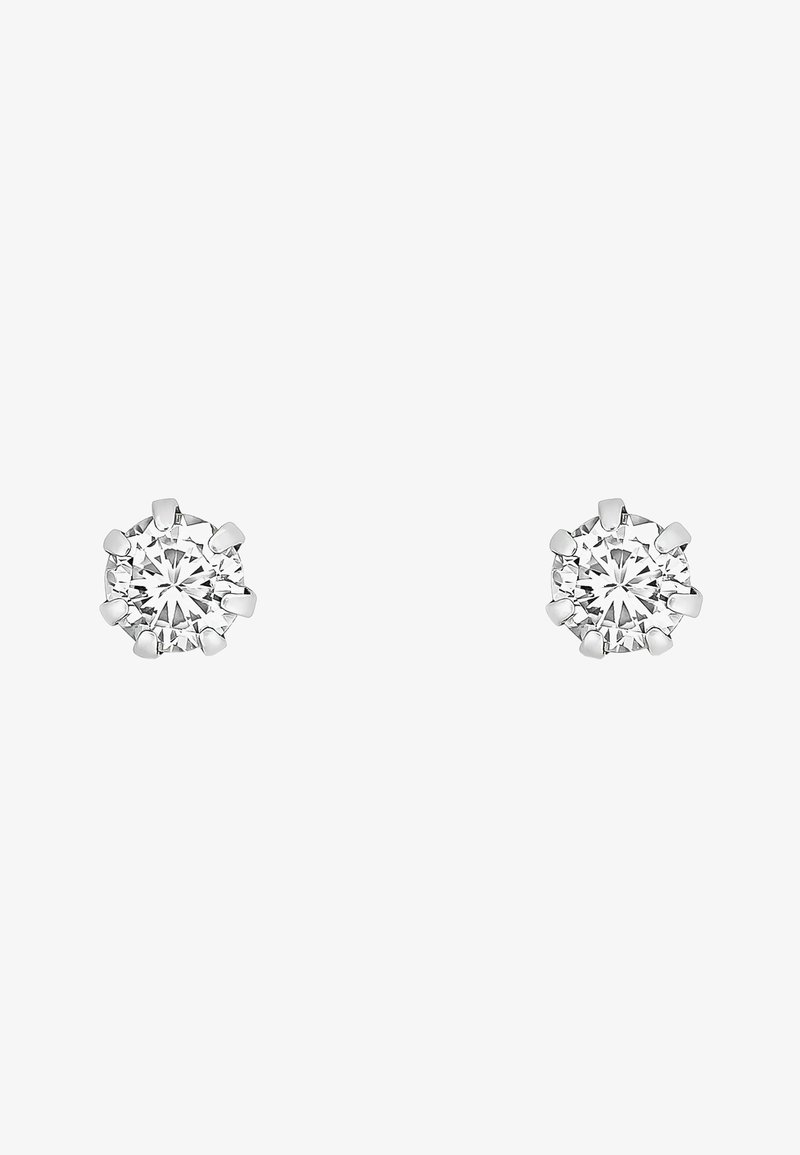 Runde, klare cubic zirconia stud øreringe med seks-prong indstillinger, sølvfarvet metal, glat finish, minimalistisk design.