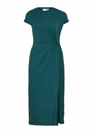 Robe midi vert foncé à manches courtes, détail nœud sur le côté, et fente devant.