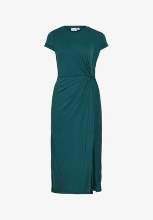 Robe midi vert foncé à manches courtes, détail nœud sur le côté, et fente devant.