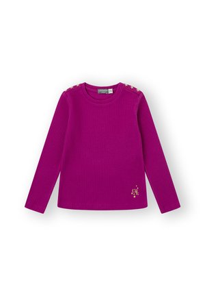 Suéter de manga larga, de canalé en magenta brillante con acentos de estrellas doradas en los hombros y un pequeño emblema dorado en el dobladillo. Textura de tela suave.