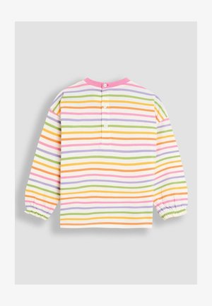 Mitmevärviline triibuline pühitav varrukatega pluus. Ees roosa ümar kaelus ja seljal nööbiga kinnitamine. Valmistatud pehmest puuvillakangast.