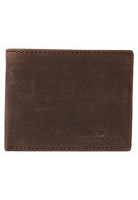 Brown leather wallet with a smooth texture, bi-fold design, and embossed "TOM TAILOR" logo on the lower front. Stitched edges.