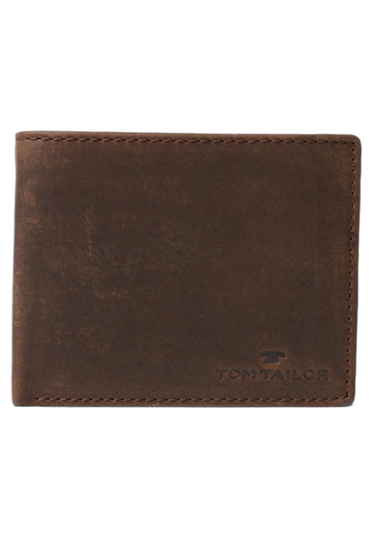 Brown leather wallet with a smooth texture, bi-fold design, and embossed "TOM TAILOR" logo on the lower front. Stitched edges.