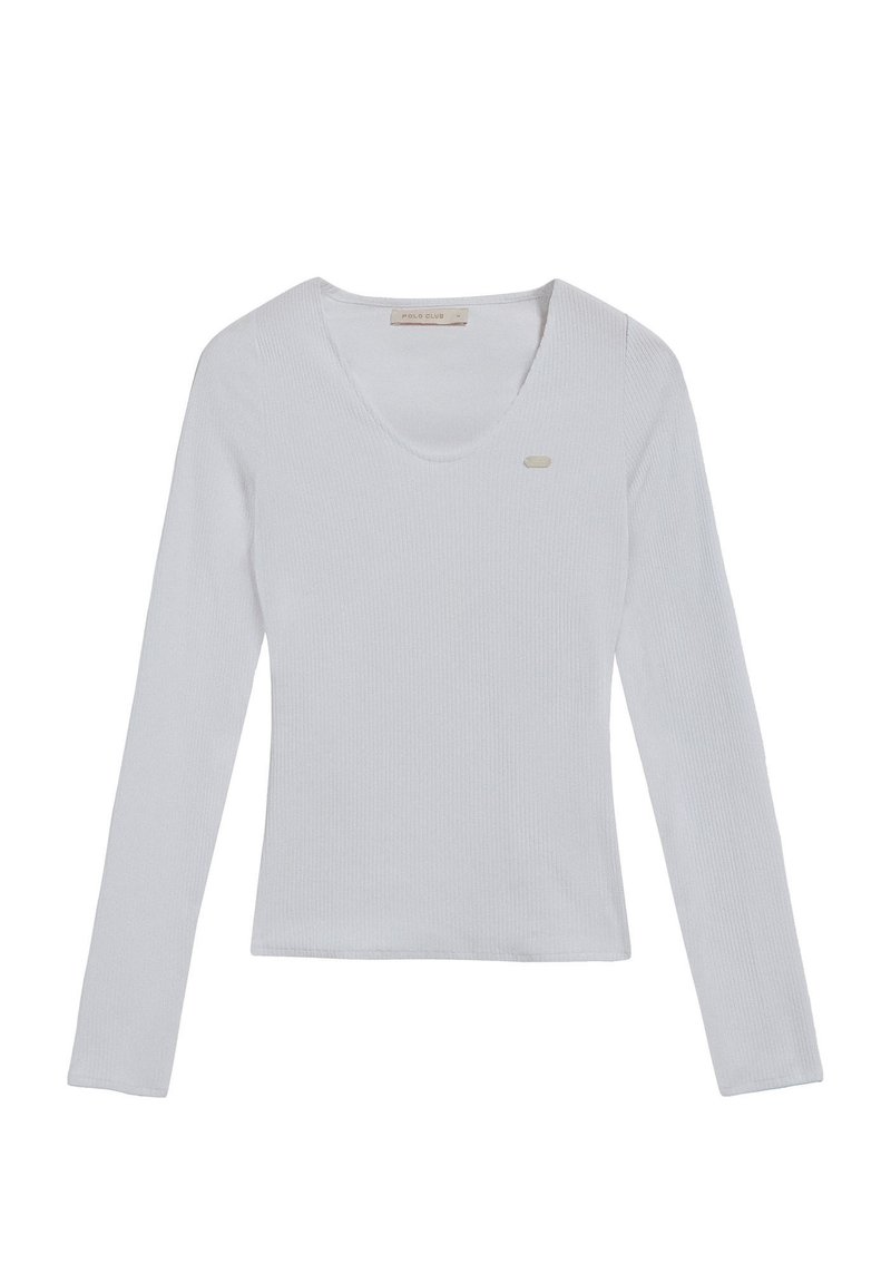 Långärmad, vit ribbad topp med V-halsdesign. Har en liten, subtil logotyp på vänster sida. Mjuk textur, figurnära silhuett.