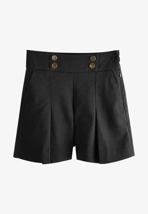 Schwarze maßgeschneiderte Shorts aus glattem Stoff. Sie verfügen über einen hohen Bund mit zwei goldfarbenen Knöpfen, Falten und seitlichen Taschen.