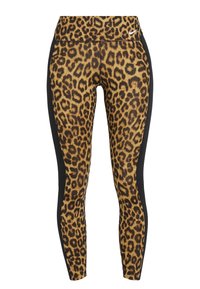 Legginsy w panterkę w odcieniach brązu i czerni, z wysokim stanem i kontrastującymi czarnymi panelami bocznymi. Wykonane z elastycznego materiału.