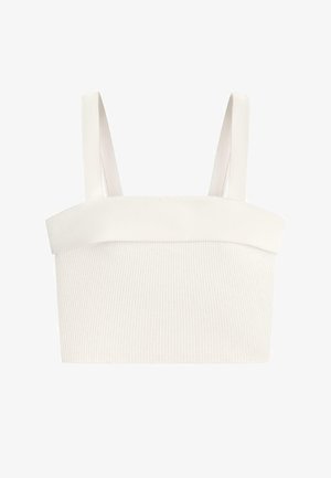 Fehér bordázott, rövidített trikó széles pántokkal és egyenes nyakkivágással.