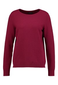 Burgunderroter Pullover mit langen Ärmeln, abgerundetem Ausschnitt, gerippten Bündchen und Saum, hergestellt aus weichem Strickstoff. Schlichtes Design ohne Muster oder Akzente.