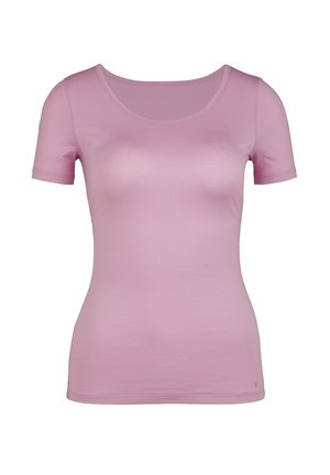 Pink short-sleeve T-shirt made of smooth, stretchy fabric with a scoop neck design and a fitted shape. Subtle logo detail on the hem.