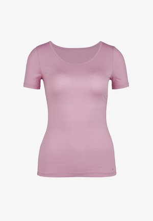 Pink short-sleeve T-shirt made of smooth, stretchy fabric with a scoop neck design and a fitted shape. Subtle logo detail on the hem.