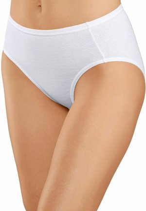 Weiße Baumwollunterhose mit strukturierter Oberfläche, vollständig bedeckendem Design und glattem Bund. Keine sichtbaren Logos oder Muster.