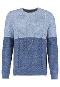 Light blue knitted sweater featuring varying textured patterns in shades of blue. Round neckline and ribbed cuffs and hem.