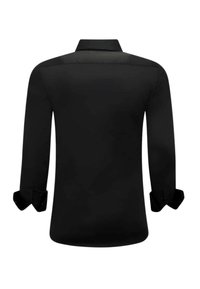 Zwart shirt met lange mouwen, katoenen stof, klassieke kraag, omgeslagen manchetten, gladde textuur, rechte achterkant, zonder zichtbare patronen of logo's.