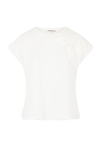 White short-sleeve T-shirt made of soft fabric, featuring a floral embroidery detail on the left shoulder and a round neckline.