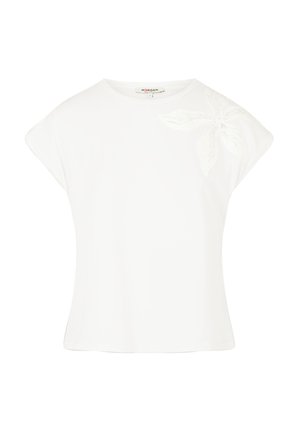 White short-sleeve T-shirt made of soft fabric, featuring a floral embroidery detail on the left shoulder and a round neckline.