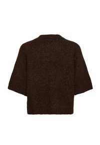 Pull court en maille marron foncé à manches courtes avec un col rond et une base côtelée, vu de dos sur fond blanc.