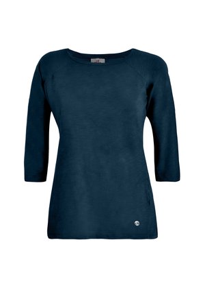 Top a maniche lunghe color blu navy con scollo rotondo e maniche raglan. Tessuto morbido e texturizzato con un piccolo logo vicino all'orlo.