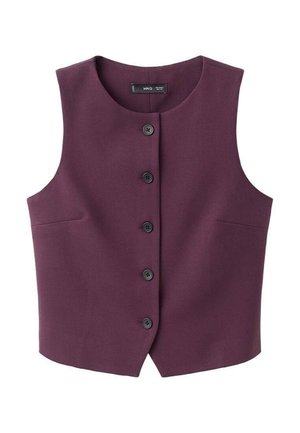 Chaleco sin mangas de color violeta, hecho de una tela suave, con un escote redondo, seis botones negros y dos bolsillos frontales.