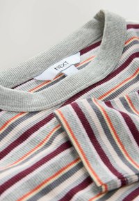 Striped pullover featuring a ribbed texture, grey neckline, and horizontal stripes in colors like maroon, cream, and orange. Brand label visible.
