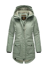 Mäta zelená parka s odnímateľnou kapucňou, predným zipsom, dvoma náprsníkovými vreckami a dvoma bočnými vreckami. Fleece podšívka pre väčšie teplo.