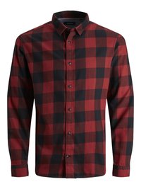Camicia a quadri rossa e nera con bottoni, realizzata in tessuto dalla consistenza liscia. Presenta un colletto classico e maniche lunghe con polsini abbottonati.