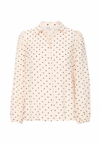 Blusa lunga a maniche con colletto a punta, in un colore pesca chiaro, con chiusura a bottoni frontale e pois marroni. Tessuto strutturato con maniche arricciate.