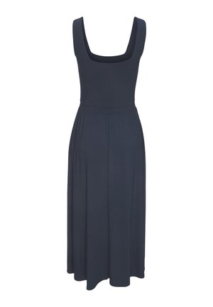 Sleeveless navy blue midi dress with wide straps, fitted bodice, square neckline, and flowing skirt.